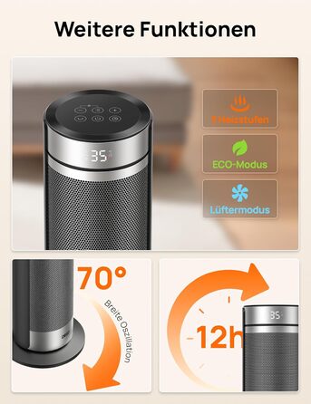 Електричний обігрівач Dreo 23 дюйми, 2000 Вт, тихий, з пультом керування, таймером 12 годин, 70° коливанням, 5 режимів, PTC кераміка з термостатом, для великих приміщень, офісу, срібний