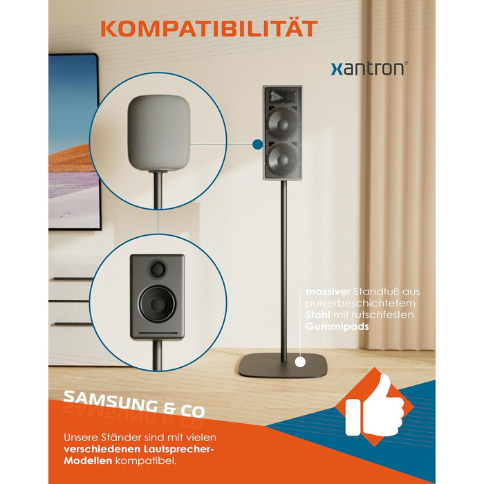 Підставка для колонок Xantron® 2X, регульована висота до 103 см, з антиковзким покриттям та прихованою прокладкою кабелю, з кріпленням, PREMIUM-USF-2