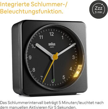Braun Classic Analog Alarm Clock with Snooze Function and Light, Silent Quartz Movement, Crescendo Alarm, Black Model BC03B