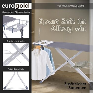 Прасувальна дошка EUROGOLD для парогенератора 130x48 см з розеткою, регульована по висоті, складана, з підкладкою для рукавів та підставкою для праски, бавовняний чохол Oeko-Tex (Сірий)