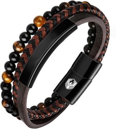 Чоловічий шкіряний браслет Lederarmband з магнітною застібкою з нержавіючої сталі, плетінка, коричнево-чорний, 20.5 см + Подарункова коробка
