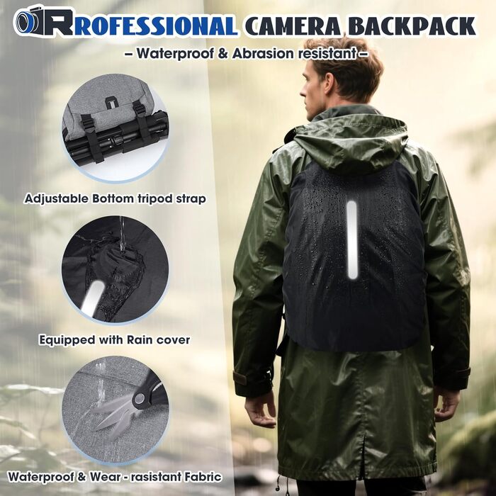 Рюкзак для фотокамери RAINSMORE з відділенням для ноутбука 14 дюймів, сірий. Підходить для Canon, Nikon, Sony (DSLR, SLR)