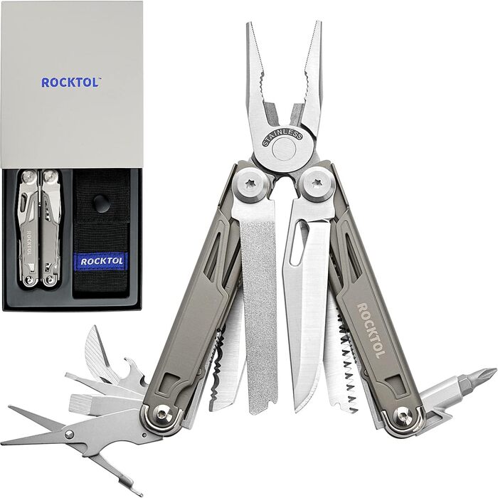 ROCKTOL 19-in-1 Multifunction Pliers - Titanium Coated EDC Tool with Safety Lock & Nylon Sheath - Gift for Men