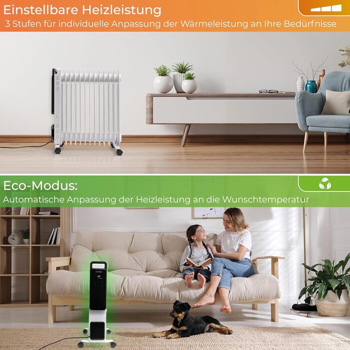 KLAMER Oil Radiator 2500 W, Electric Heater, Energy-Saving, 13 Fins, 3 Heating Levels with Eco Mode, 24h Timer, Thermostat, Overheat & Tip-Over Protection, with Remote Control, for Indoor Use, White/Weiss