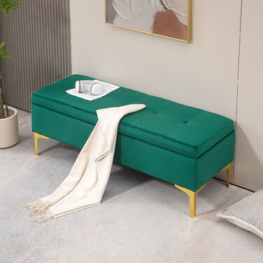 HOMCOM Storage Bench, Upholstered Bench with Velvet Look 120x44x44.5 cm, Metal Legs, Bed Bench for Living Room Bedroom Hallway, green