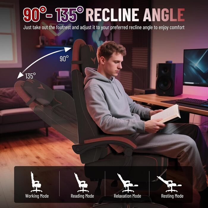 Геймерське крісло Ferghana Ergonomic: з підтримкою попереку, голови та підніжкою, регульоване, обертається, тканина льон (чорно-червоне)