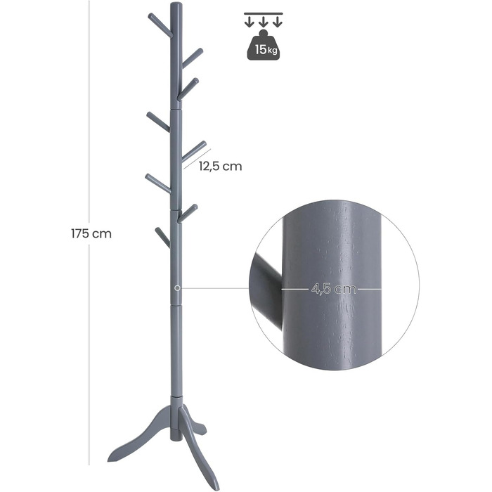 VASAGLE Coat Rack, Solid Wood Clothes Rack, Coat Stand with 8 Hooks, Tree Shape, 3 Adjustable Heights, for Coats, Jackets, Bags, for Entryway, Bedroom, Grey RCR01GY
