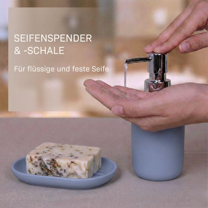 Набір аксесуарів для ванної кімнати 6 предметів, пластик, сірий: йоржик для унітазу, відро, стакан для зубних щіток, мильниця, дозатор для мила, піднос