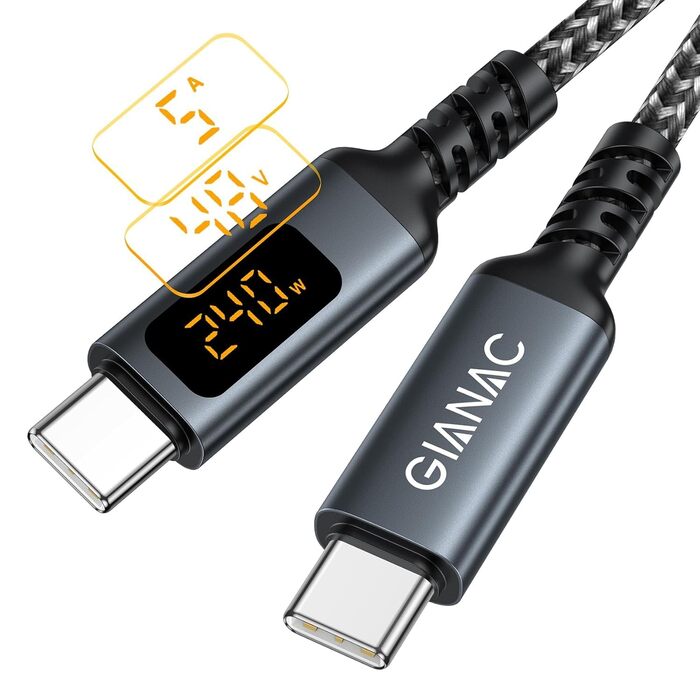 Кабель USB-C на USB-C GIANAC 240W з LED дисплеєм, 2м, нейлон, для iPhone, Samsung, iPad, MacBook Pro/Air