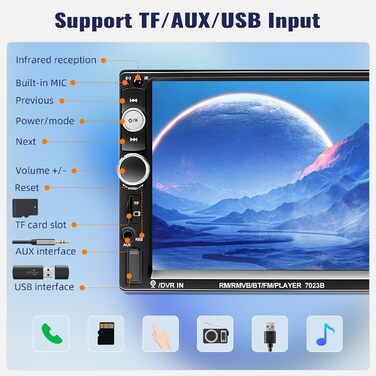 Автомагнітола CAMECHO 2 DIN з 7-дюймовим сенсорним екраном, Bluetooth, Mirror Link, FM-радіо, USB, AUX, керування з керма, 7 кольорів підсвітки, камера заднього виду, MP5