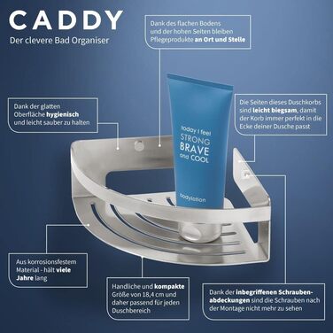 Кутова полиця для душу Tiger Caddy, мала, нержавіюча сталь, матова, компактна душова поличка для маленьких ванних кімнат і душових кабін