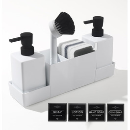 Dish Soap and Hand Soap Dispenser Kitchen Set with Sponge Holder and Brush, Dish Soap Dispenser Kitchen Black, Soap and Dish Soap Dispenser Set Kitchen Gadget Sink Organizer with Soap Dispenser (White, 4 in 1)