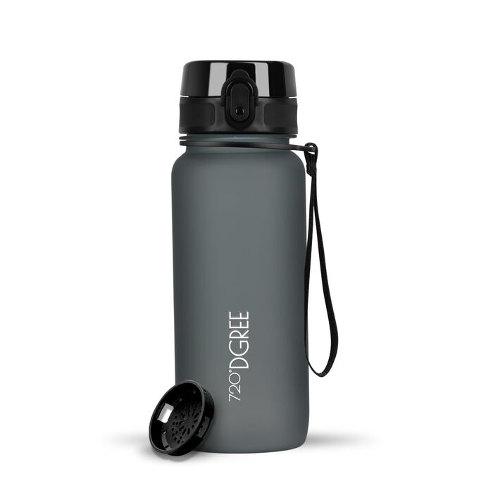 Пляшка для води 720°DGREE 'uberBottle' з ситечком, 650 мл, чорна - BPA-Free, спортивна, для фітнесу, школи, дітей, велосипеда, активного відпочинку, Tritan