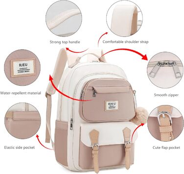Шкільний рюкзак для дівчаток з відділенням для ноутбука 15.6 дюймів, бежевий, для старшої школи та коледжу