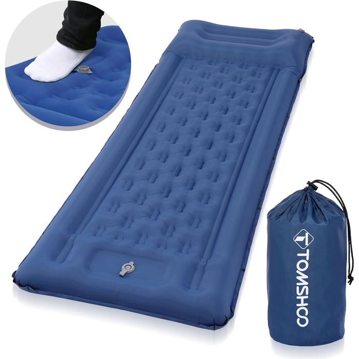 Надувний килимок для кемпінгу Tomshoo з інтегрованим насосом, подушкою та сумкою, блакитний