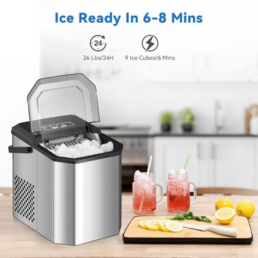 Льодогенератор Eiswürfelmaschine 120W, 9 кубиків за 6 хв, 11.8 кг/24год, самоочищення, з лопаткою та кошиком для вечірок, офісу, бару, кемпера, 2.3 л
