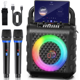 Караоке машина HWWR з 2 бездротовими мікрофонами, Bluetooth колонкою, PA-системою для дому та вечірок. Підтримка TF/USB, AUX, чорний колір