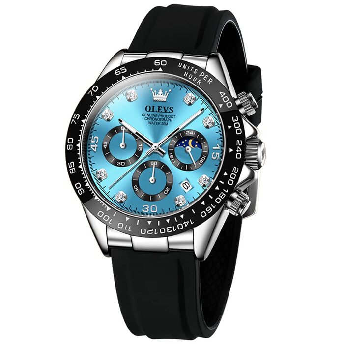 Годинник чоловічий OLEVS, стильний, кварцовий, з хронографом, з діамантами, з календарем, водонепроникний (чорний ремінець та синє циферблат)