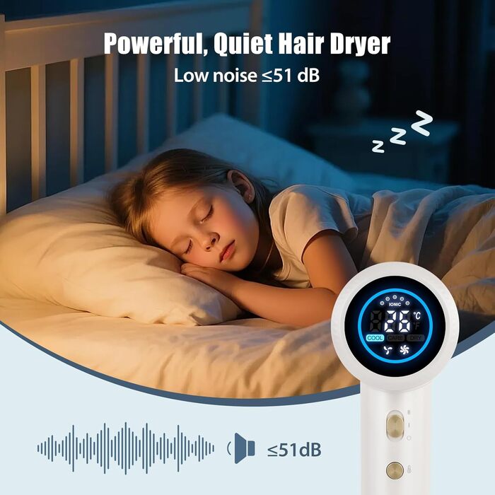 BESTBOMG Фен для волосся з LED-дисплеєм, 160 000 об/хв безщітковий двигун, 500 млн негативних іонів, тиха робота (білий)