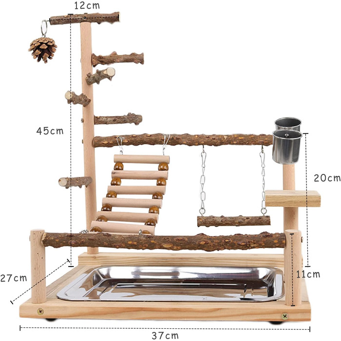 Canary Play Stand Bird Play Stand with Feeder Cup Toy Ladder Climbing Swing and Tray for Budgies, Cockatiels, Parrots, Wood, Size 45x37x26 cm #A