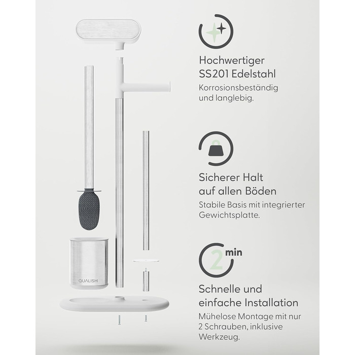 QUALISH Stainless Steel Toilet Paper Holder with Brush - Standing Toilet Paper Roll Holder & WC Kit - White