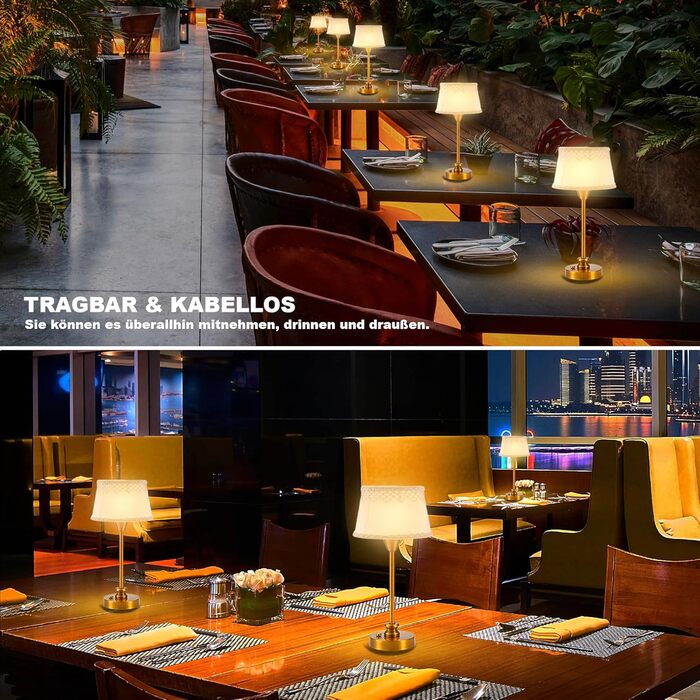 Настільна лампа OCEST з акумулятором, сенсорне керування, регулювання яскравості, для дому, кухні, тераси, їдальні (античне латунь-льон), тканинний абажур 27,5 см