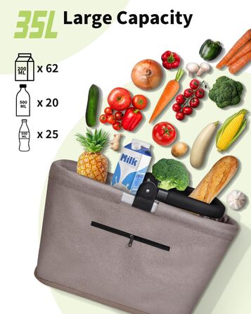 Складаний кошик для покупок 35L з 2 стійками, стабільний сімейний кошик з алюмінієвою ручкою, водонепроникний кошик для пікніка, практичний кошик для перенесення, великий для подорожей, кемпінгу, покупок, подарунка - Хакі