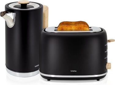 Тостер Briebe Nordic Set з широкими слотами та підставою для бургерів, 6 режимів підсмажування + Електричний чайник 1,7л, 2200W, чорний, набір для сніданку