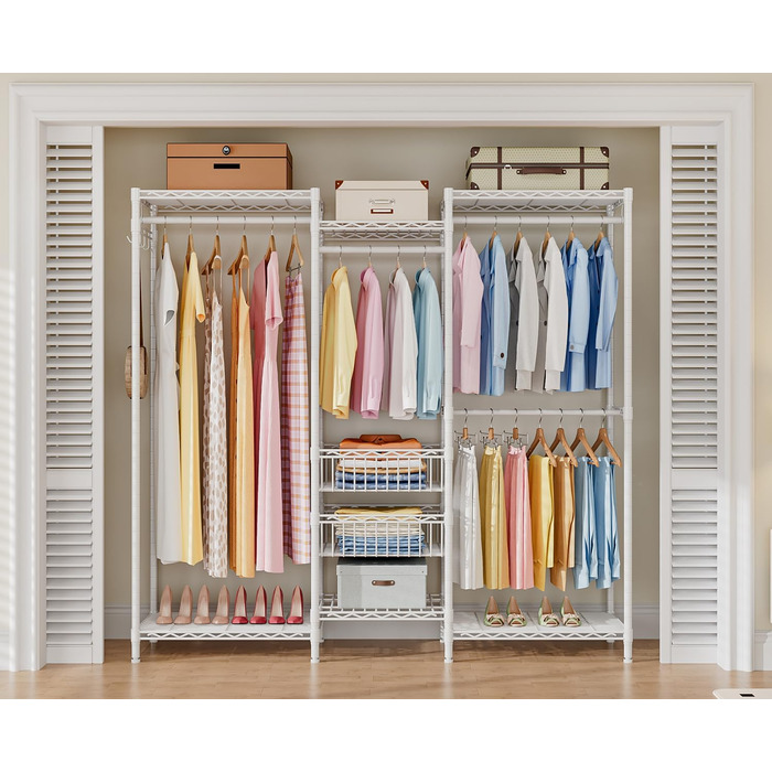 Heavy-Duty Clothes Rack, Clothes Rod, Wardrobe, Freestanding Clothes Rail with Height-Adjustable Shelves and Storage Baskets, Load Capacity up to 320 kg, White
