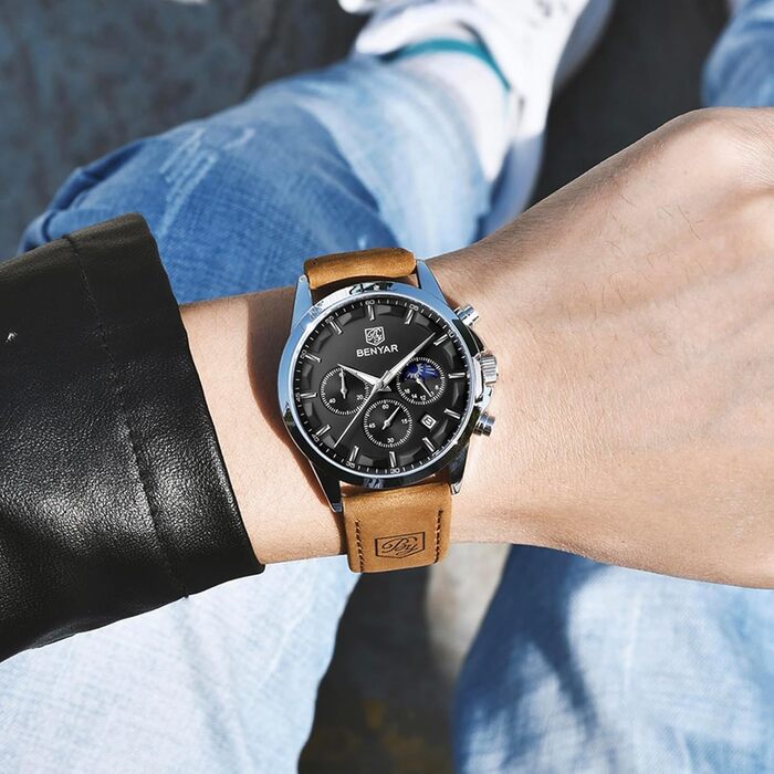 Годинники BENYAR для чоловіків: кварцовий хронограф, водонепроникні, з датою, стильні та елегантні. Підходять для повсякденного та ділового стилю. Чудовий подарунок! Коричневий, срібний, чорний колір корпусу. Ремінець з шкіри або нержавіючої сталі.