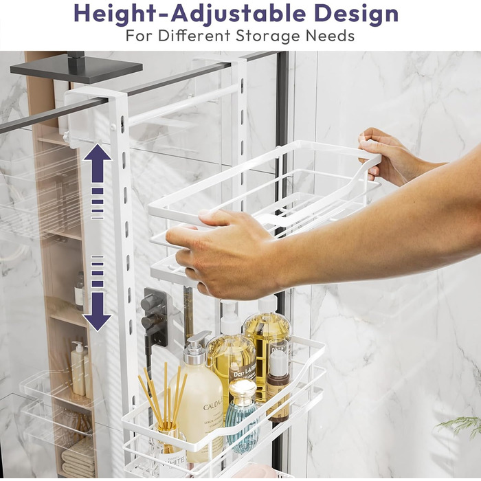 SWTYMIKI Adjustable Hanging Shower Shelf - No-Drill Shower Shelf for Glass Door, Stainless Steel Shower Shelf with Hooks and Soap Holder, Shampoo Holder for Shower, White
