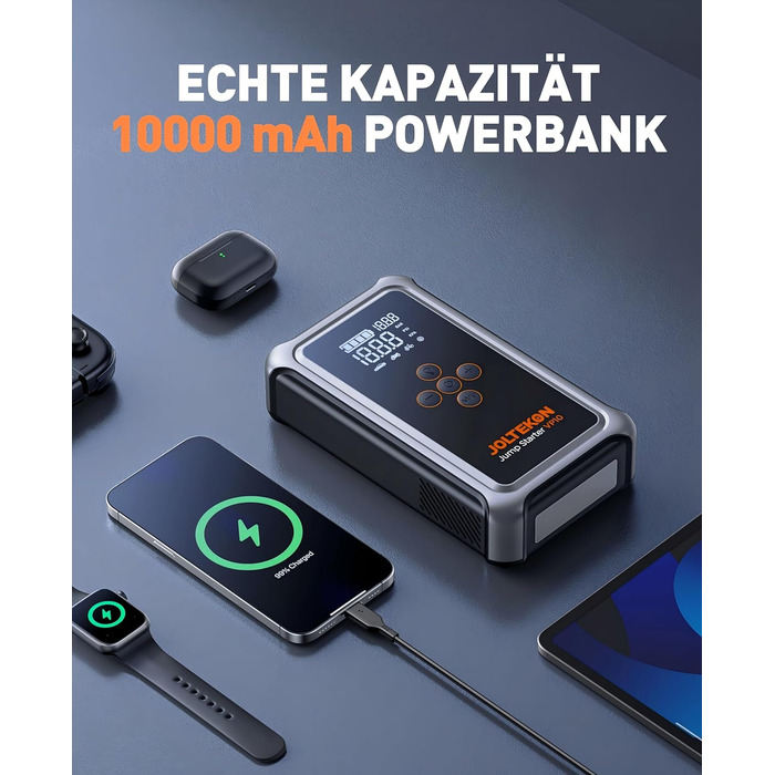 Powerbank Starthilfe 5000A з компресором 150PSI для автомобілів, 12V, бензин/дизель (10.0L), LED, USB-C