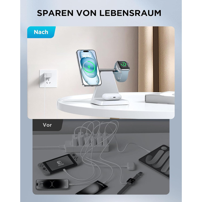 Бездротовий зарядний пристрій MagSafe 3-в-1 для iPhone: зарядка для Apple Watch та AirPods, сумісна з iPhone 16, 15, 14, 13, 12 (білий)