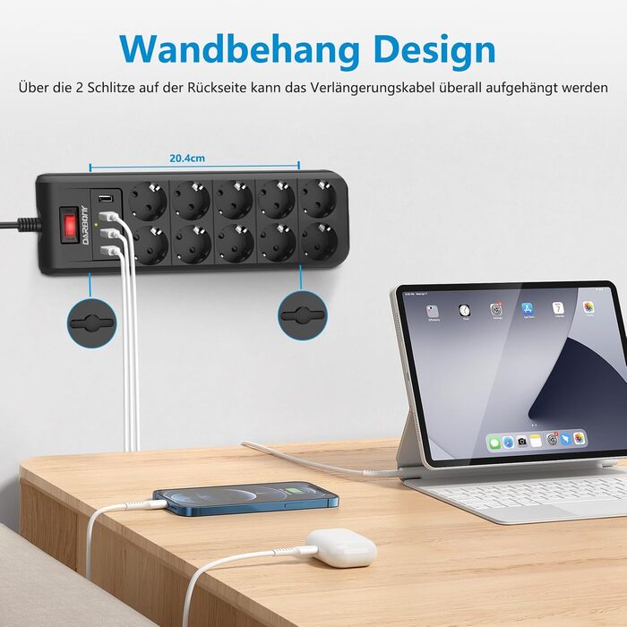 Мережевий фільтр з 4 USB, 6 розеток, вимикач, настінний, 3680W, 16A, 2 Type-C, кабель 1.8м (чорний)