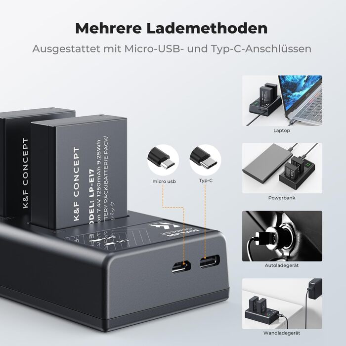 Зарядний пристрій для акумулятора камери LP-E17 1250mAh K&F Concept для Canon EOS RP, Rebel T8i, T7i, T6i, T6s, SL2, SL3, EOS M3, M5, M6 Mark II, 77D, 200D, 750D, 760D, 800D