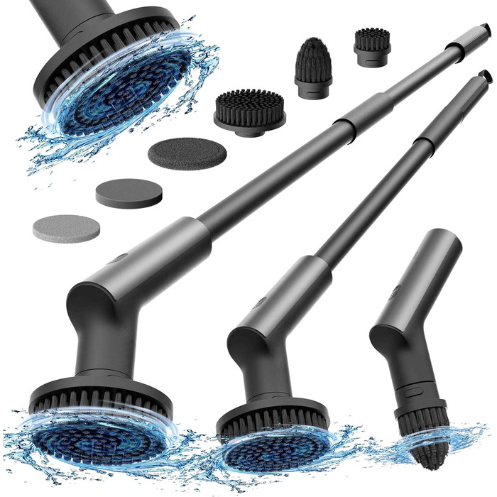 HOTO Electric Cleaning Brush with Extension Handle, IPX7 Waterproof, 6 Replaceable Brush Heads – For Floors, Tiles, Glass, and Toilets – Ideal for Bathroom, Kitchen, and Car (Dark Grey)