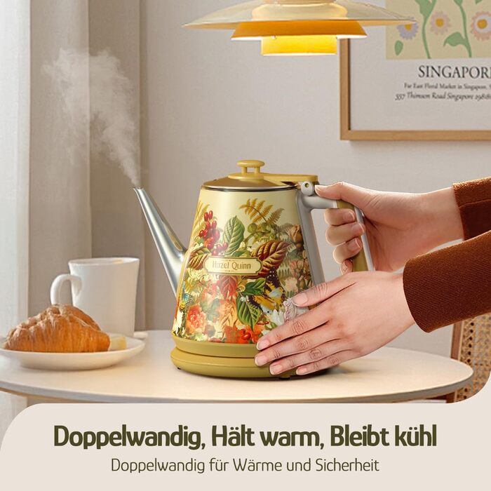 Hazel Quinn x Eduardo Recife Electric Kettle - 1 Liter, Retro Design, Stainless Steel, Fast Boiling, BPA-Free, Auto Shut-Off
