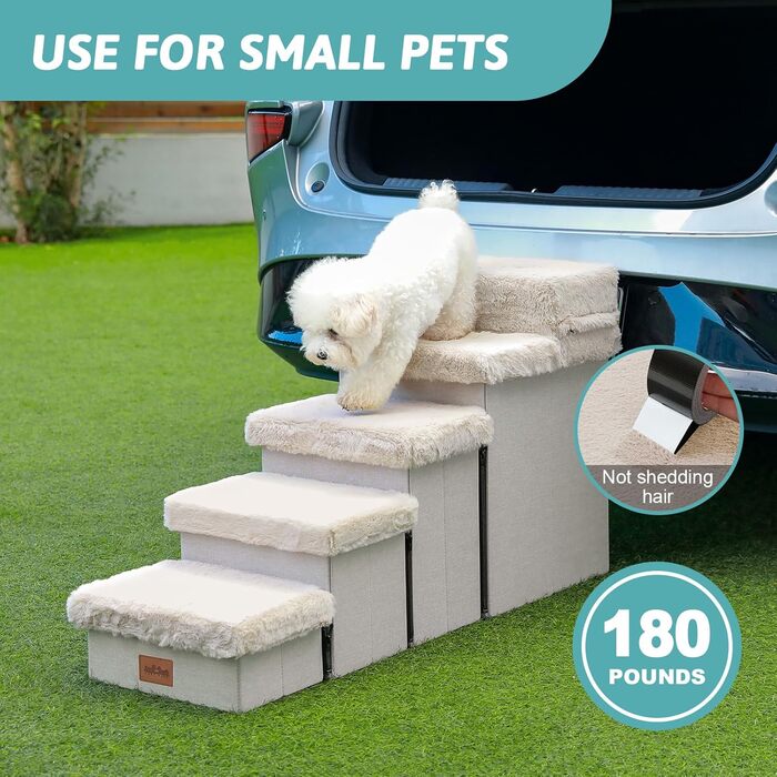 Pet Stairs for Small Dogs with Storage, Folding Dog Stairs for Bed Couch, Dog Stairs Dog Ramp with Non-Slip Bottom, Leak-Proof, Up to 80kg, Steps, (Beige, 5, 33x101x54cm)