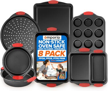 Набір форм для випічки Emporio Kitchen – антипригарне покриття, набір форм для випічки з вуглецевої сталі з силіконовими ручками, без PFOA, PFOS, PTFE, рецептурник в комплекті, деко для випічки (чорний, набір з 8 штук)