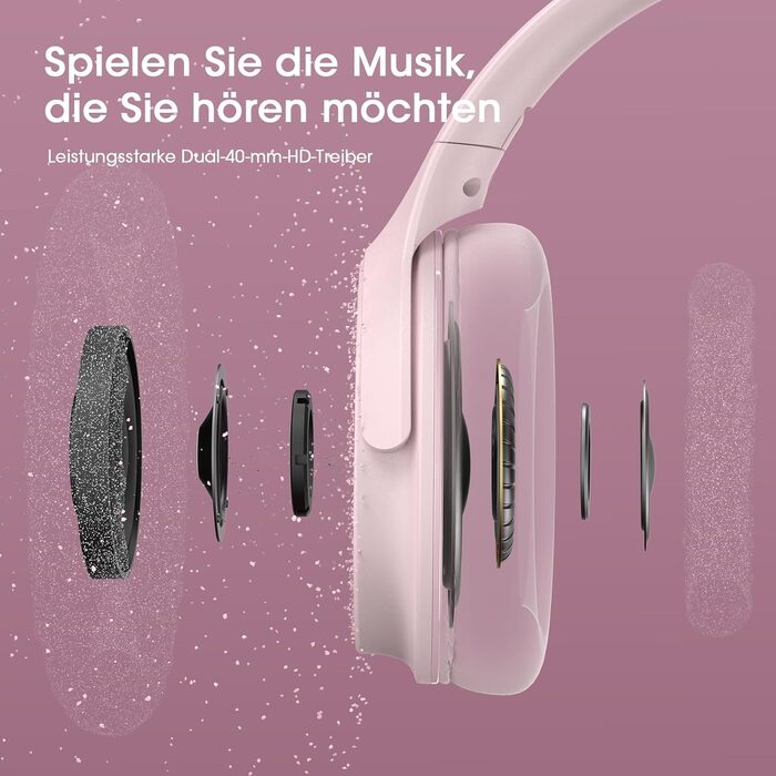 Бездротові навушники DOQAUS Bluetooth з тривалим часом роботи (70 год), Over-Ear, Bluetooth 5.4, Hi-Fi стерео, 3 режими EQ, для подорожей/телефону/ПК (Рожеві)