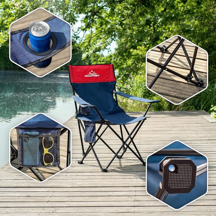 Крісло для кемпінгу MOUNTREX, складане, до 120 кг, з регульованими підлокітниками, для риболовлі, пляжного відпочинку, компактне, легке, з підстаканником та сумкою (блакитне)
