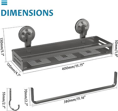 Поличка для душу Onemake з присосками, регульована, з гачками, органайзер для ванної кімнати з тримачем для рушників, матовий чорний (40 см, 1 шт.)