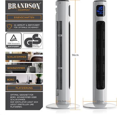 Вентилятор підлоговий Brandson з пультом керування 96 см, тихий, мобільний, з осциляцією, 3 швидкості, 3 режими, таймер, сертифікат GS, сірий колір (B: перламутровий білий)