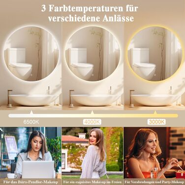 Дзеркало для ванної кімнати з підсвічуванням LED, антизапотівання, сенсорне управління, регулювання яскравості, 3 кольори світла, функція пам'яті, захист від вибуху, кругле дзеркало 50 см (діаметр), 60x60 см (розміри)