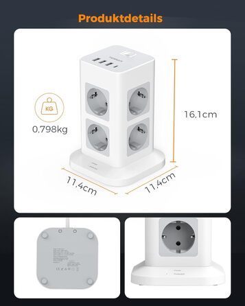 Багатофункціональна мережа TESSAN з 8 розеток, USB-C, захистом від перенапруги, вимикачем, 2 м кабелем, 3600W (сірий/білий)