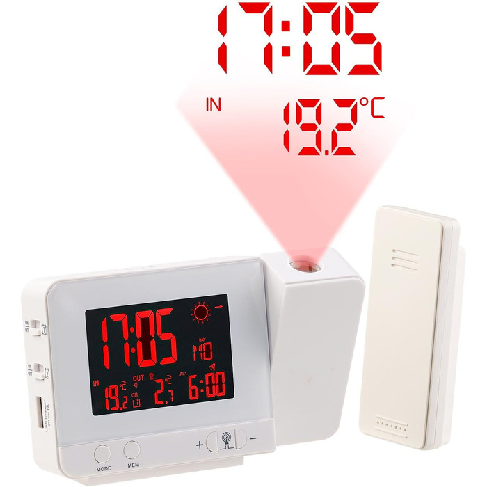 infactory Projection Clocks: Radio Weather Station with Projection Alarm, Outdoor Sensor, and USB, White (Radio Projection Clock, Clock with Projection, Outdoor Temperature Display)