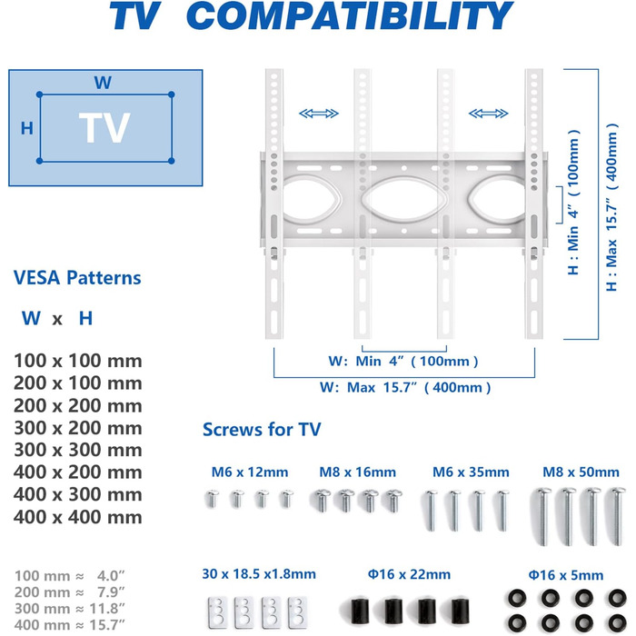 Rolling TV Stand with Wheels - Adjustable Height Mobile TV Trolley for 27-60 inch TVs - VESA 400x400 - 40kg Capacity - White