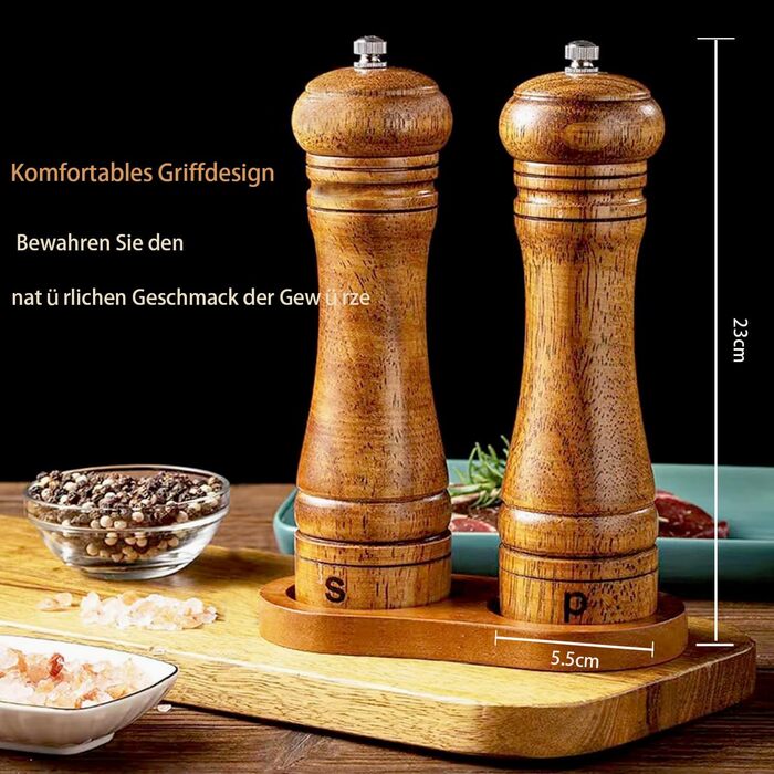 Двокомпозитна млинка для солі та перцю з дерева з підставкою, набір великих подрібнювачів спецій з регульованим керамічним механізмом для солі та перцю (21 см)