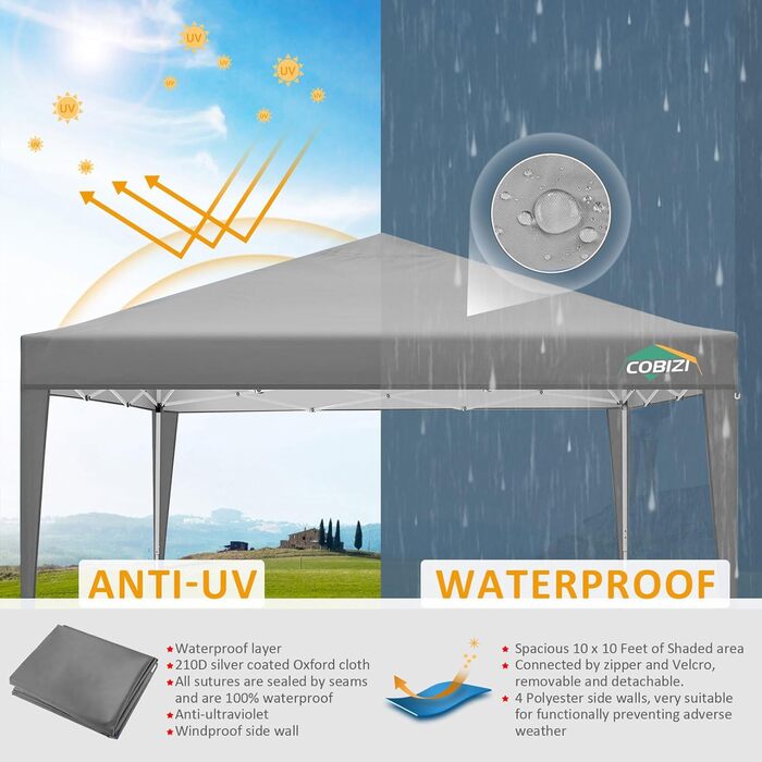 COBIZI Pop-up Pavilion 3x3, Folding Pavilion 3x3 Waterproof, Stable, Winter-Proof |8x Pegs|4x Wind Ropes|UV Protection 50+|High-Density Tarpaulin| Pavilion Folding 3x3m Party Tent Folding Pavilion 3x3 Garden Pavilion