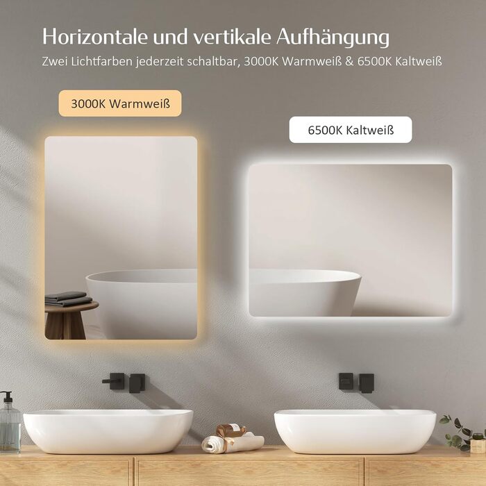 Дзеркало для ванної кімнати EMKE з підсвічуванням 50x70 см, запобігання запотіванню, 3 кольори світла, регулювання яскравості, сенсорне управління, функція пам'яті та автоматичне вимкнення через 3 години, ідеально для ванної кімнати (60 x 40 см)
